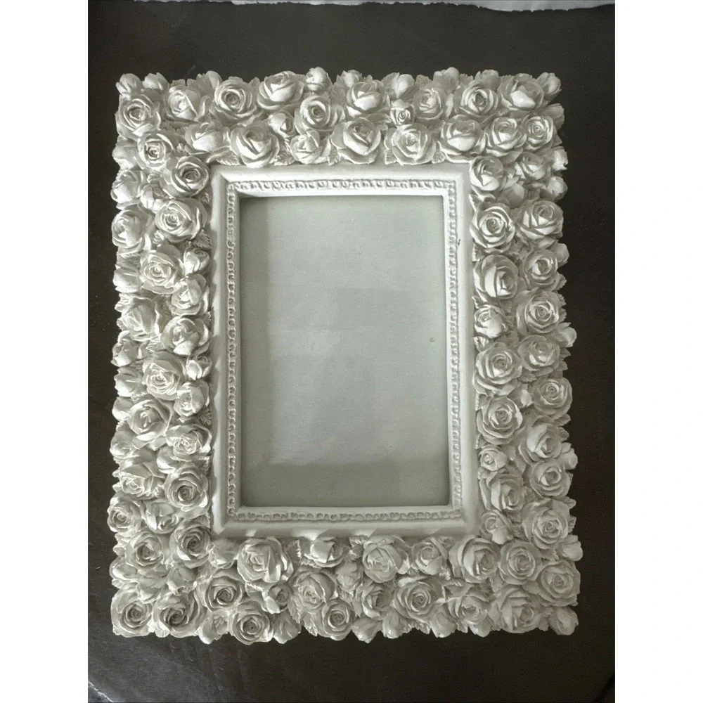 White 3D Roses Photo Frame Shabby Chic Cottage Wedding  3x5 Ceramic Felt Back
